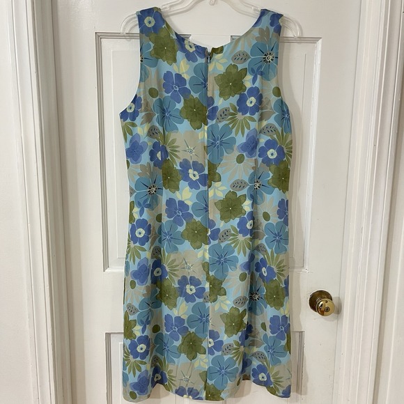 Vintage 90s Y2K Old Navy 14 Sheer Overlay Dress Blue Hibiscus Floral Ruched Bust - Picture 3 of 5